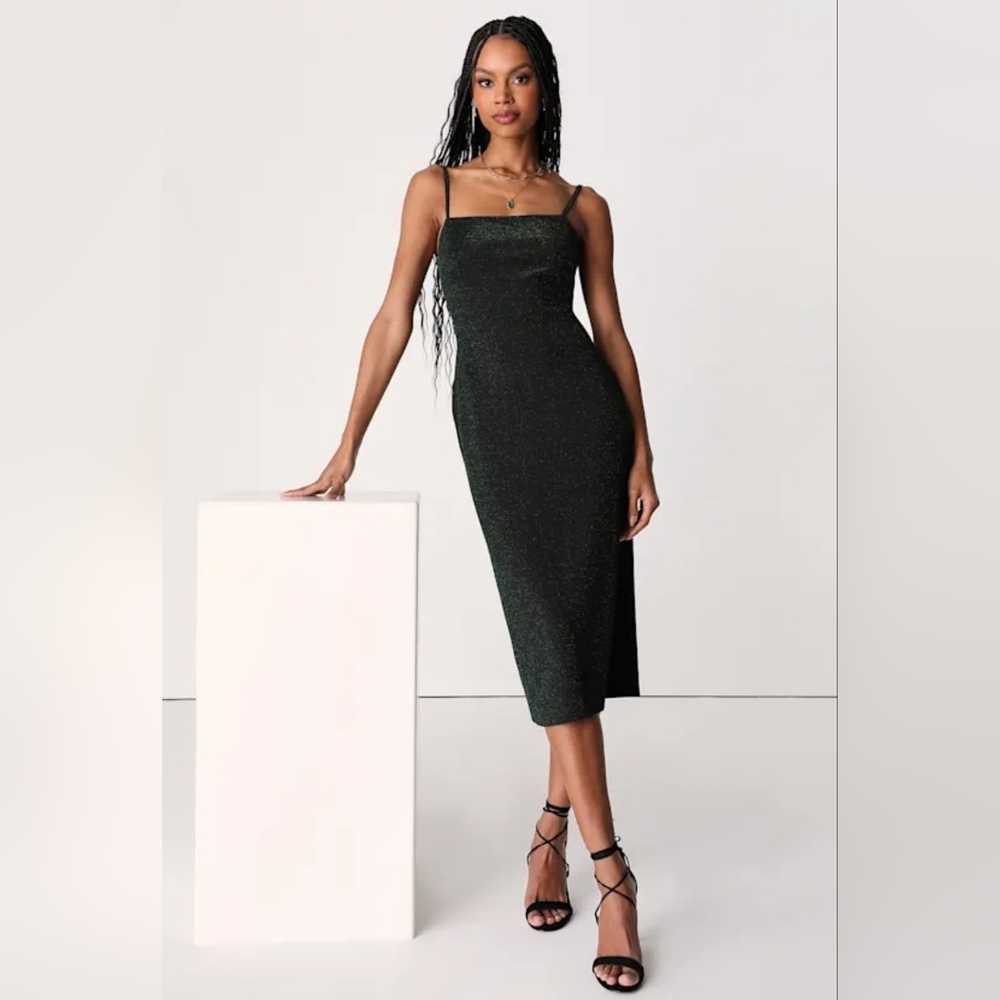 NWT Lulus Dazzle All Night Black And Shiny Green Twist-Back Midi Dress Womens XS